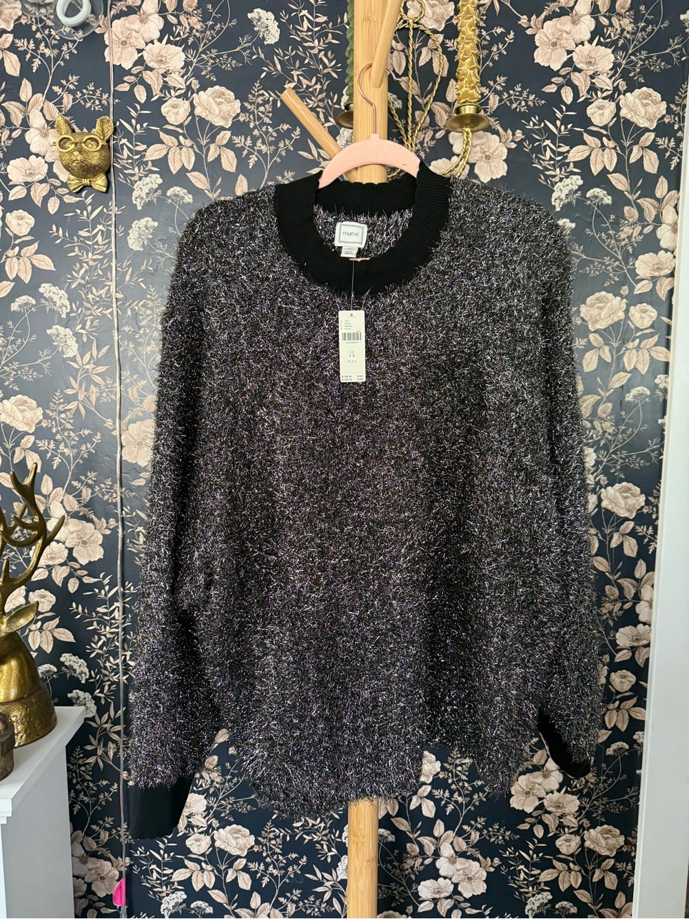 Maeve Black Metallic Fuzzy Crew Sweater